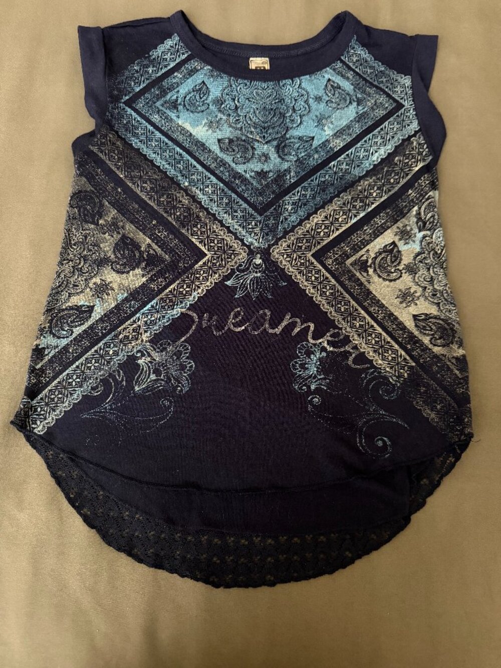Girls Navy Printed Lace-Hem Top - Size M 10/12